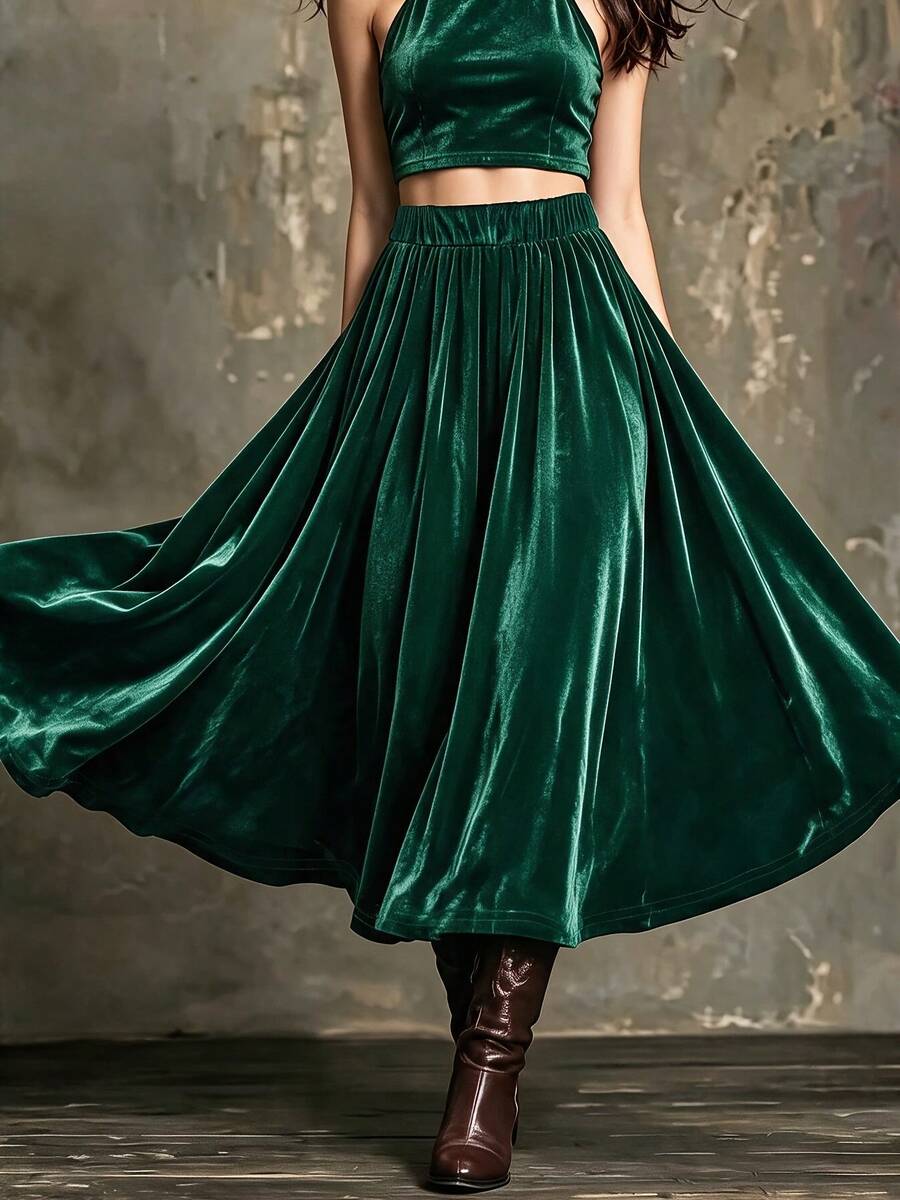 Women's Versatile Velvet Skirt, Elastic Waist Loose Fit Casual Commute Skirt For Early Spring