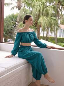 Women's Summer Pajama Set, Fashion Solid Color Sexy Off-Shoulder Long Sleeve Top With Lace,Loose Comfortable Loungewear 2-Piece Set - Green - View 2