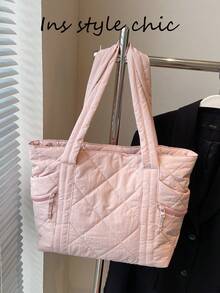 Tote Bag With Side External Zipper Pocket Decoration, Large Capacity With Multiple Storage Spaces, Can Hold Books, Umbrellas And Other Personal Items, Open Design, Korean Gentle Style Quilted Tote Bag, Suitable For Girls Who Like Minimalist Outfits For School, Commuting And Daily Outings - Pink - View 2