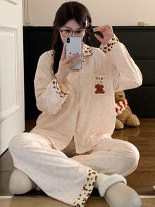 2pcs/Set Women's Pajama Loungewear Set, New Cardigan Lapel Animal Print Long Sleeve Long Pants, Easy Care Fabric - Champagne - View 9