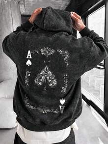 Men's Washed Distressed Hoodie, Loose Fit Vintage Sweatshirt With Black Spade A Poker Card Print On Back - Black - View 1
