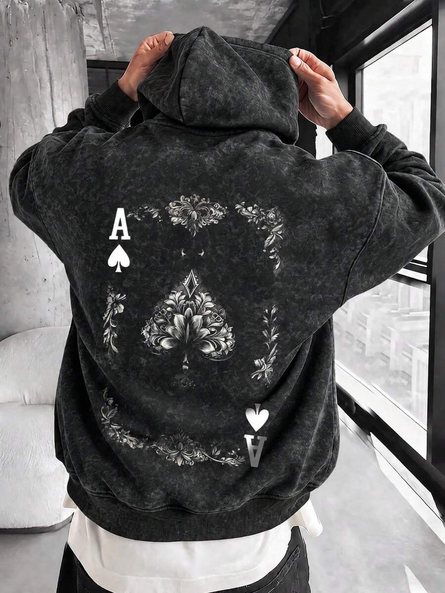 Men's Washed Distressed Hoodie, Loose Fit Vintage Sweatshirt With Black Spade A Poker Card Print On Back - Black - View 1