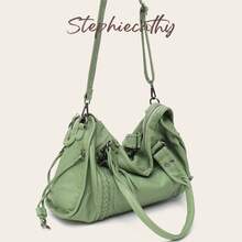 STEPHIECATHY Fashion Casual Cool Street Style Soft Brushed Washed PU Faux Leather Zipper Pocket Braided Large Capacity Fits 13 Inch Laptop Slouchy Silhouette Bag - Mist Green - View 8