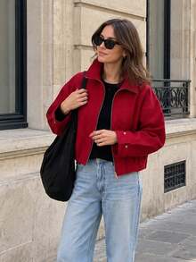 Chaqueta corta oversize con cremallera y estampado de cuadros rojos para mujer, prenda de abrigo de otoño - Rojo - Ver 4