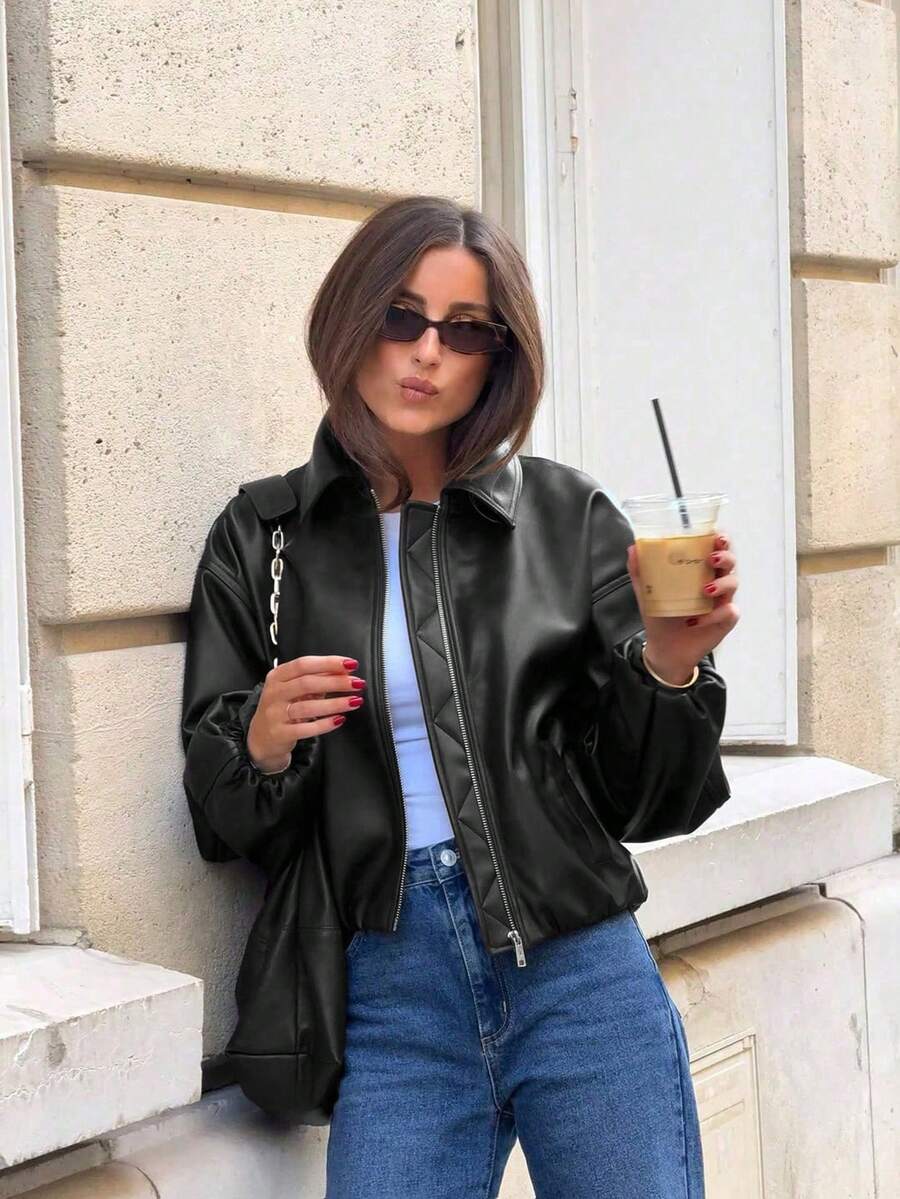 Women's Autumn Short Faux Leather Jacket, Fashionable Zipper Design, Suitable For Campus, Back To School Dance And Casual Daily Wear - Black - View 1