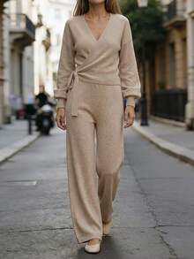 Women's Solid Color Drop Shoulder Long Sleeve Wrap Knit Cardigan & Knit Wide Leg Pants Set, Casual Autumn/Winter Loungewear, Front Tie Design - Khaki - View 6