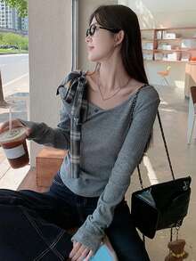 不对称蝴蝶结露肩针织衫，修身长袖上衣，女士春季款 - 灰色 - 查看 5