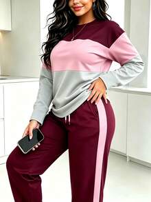 Spring Autumn Winter New Fashion Colorblock Patchwork Round Neck Long Sleeve T-Shirt And Pants 2 Pieces Set - Burgundy - View 3