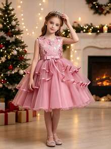 Tween Girl Luxury Short Party Dress, Flower Girl Wedding Birthday Formal Dress For All Season - Dusty Pink - View 3