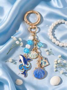 Gantungan Kunci Bertema Laut yang Lucu, Liontin Cangkang Paus Enamel dengan Manik-Manik Kristal Biru dan Mutiara, Gantungan Kunci untuk Tas Pantai Musim Panas - MultiWarna - View 1