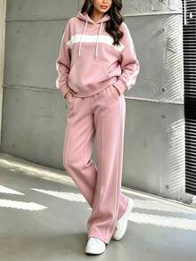 Spring/Autumn Casual Women's Fashion Commute Set, Comfortable Loose Long Sleeve Top + Straight Leg Pants 2 Pieces Set, Versatile Colorblock Top With Striped High Waist Drawstring Loose Straight Leg Pants 2 Pieces Set - Pink + White - View 3