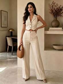 Old Money Style Elegant Beige Sleeveless Short Vest + High-Waist Wide-Leg Pants 2 Pieces Set, Slim Fit, Versatile Summer - Apricot - View 2