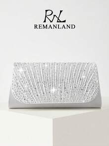 REMANLAND Silver Rhinestone Pleated Clutch, Elegant Satin Envelope Purse With Sparkling Detail, A Refined Choice For Weddings, Dinners, Galas & Parties - Silver - View 1