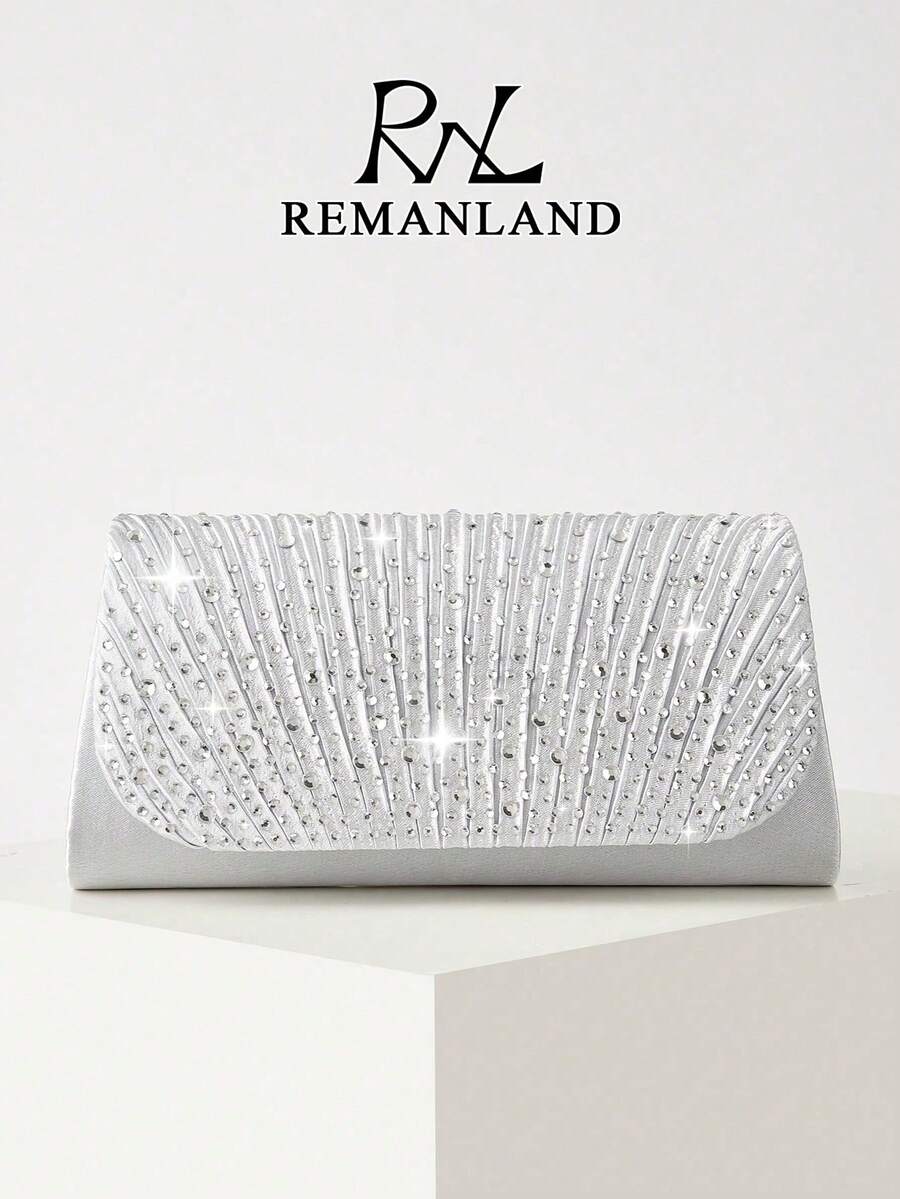 REMANLAND Silver Rhinestone Pleated Clutch, Elegant Satin Envelope Purse With Sparkling Detail, A Refined Choice For Weddings, Dinners, Galas & Parties - Silver - View 1