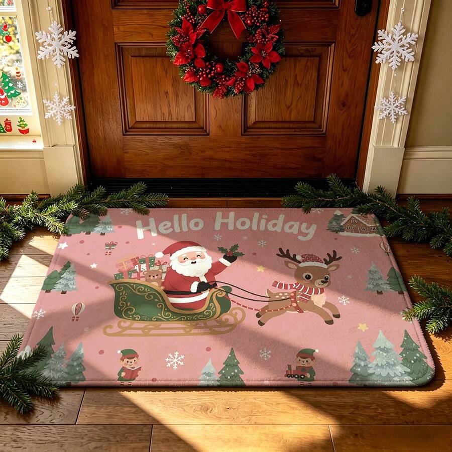 1pc Christmas Santa Claus & Reindeer Print Floor Mat, Non-Slip Durable, Easy To Clean, Multiple Sizes Available, Suitable For Entryway, Hallway, Bedroom, Bathroom, Living Room, Corridor, Balcony, Holiday Decoration Mat - Multicolor - View 1