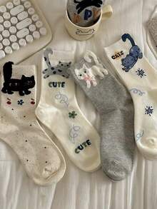 1/4/8 Pairs Cartoon Cat Mid-Calf Socks For Women, With Cute Lettering, Ins-Style, Versatile Socks - Multicolor - View 6
