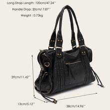 STEPHIECATHY Unisex Retro Casual Chic Street Style Washed PU Leather Tote Bag, Zipper Closure, Multi-Functional Pockets, - Black - View 7