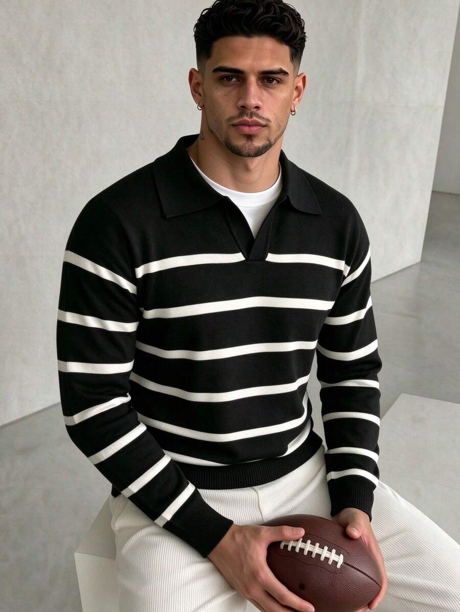 ZYNTH BALENO Men's Fashion Autumn/Winter Striped Small Stand Collar Long Sleeve Sweater, Suitable For Gym Workout Sports, Black - Black - View 1