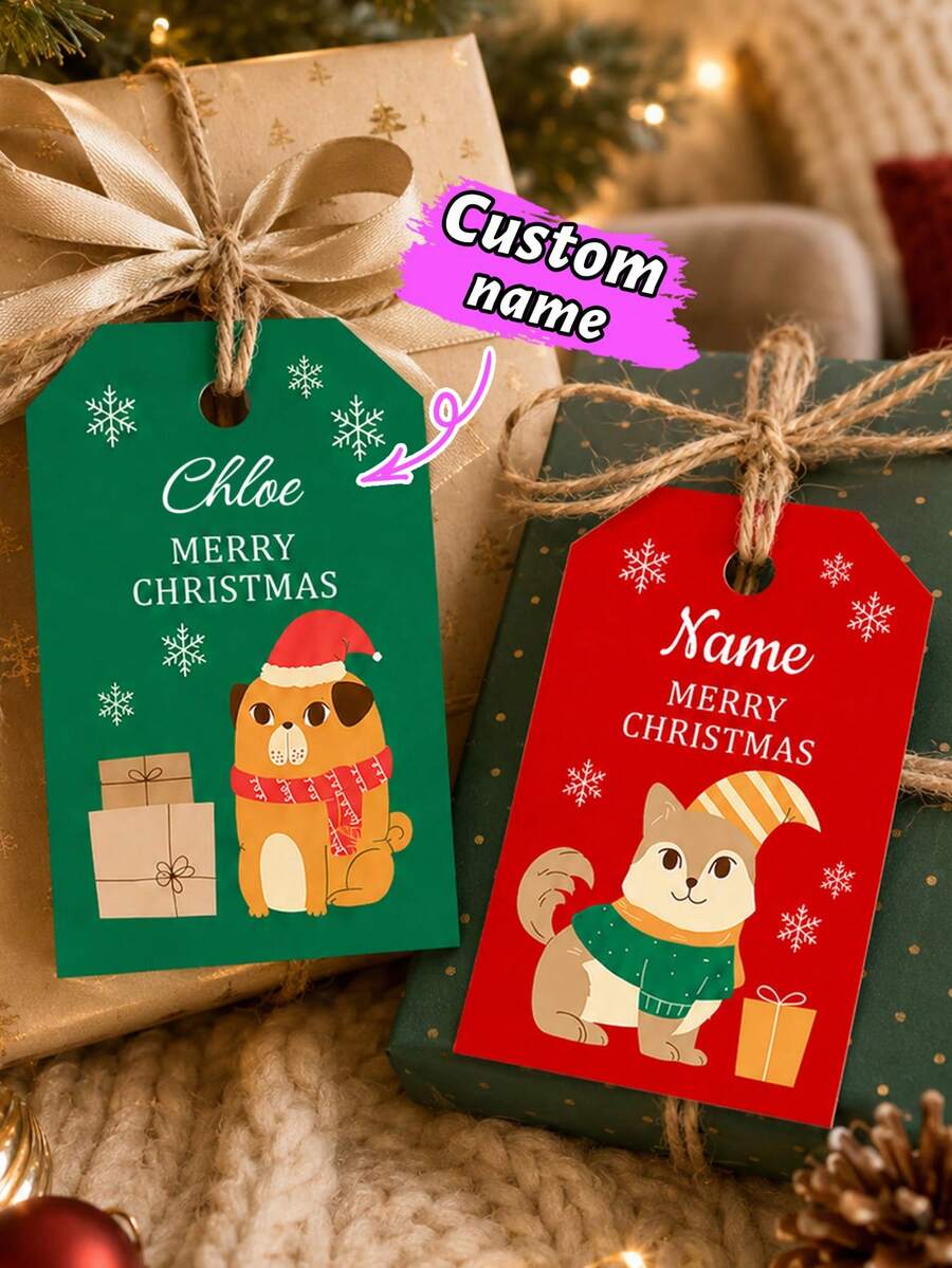 Custom Christmas Gift Tags, Festive Personalized Name Gift Cards For Holiday Wrapping, Customized Name Present Labels, Customizable Xmas Party Favor Tags, Pet Style, Secret Santa Gift, Stocking Stuffer, Merry Christmas, Christmas Ornaments, Family - Style a - View 1