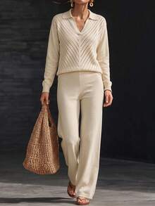 Women's Ribbed Knit Sweater And Wide Leg Pants Set, Long Sleeve V-Neck Casual Outfit For Autumn/Winter - Apricot - View 7