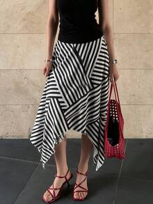 Designer Contrast Color Striped Asymmetrical Hem Skirt, High Waist Slimming Drape Mid-Length Skirt - Black and White - View 1
