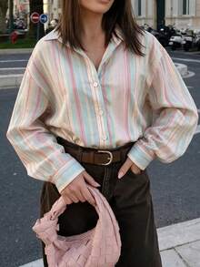 Colorful Striped Loose Fit Shirt, Fashion Casual Street Date Afternoon Tea Commute Long Sleeve Women's Blouse, Dopamine Style Autumn/Winter - Multicolor - View 2