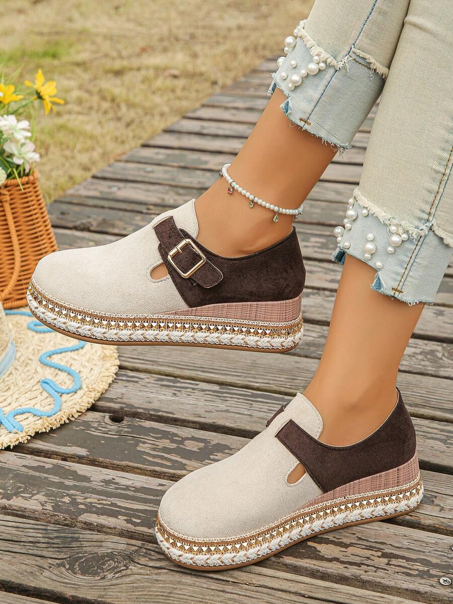 Buckle Round Toe Colorblock Straw Woven Sole Women's Casual Slip-On Flat Thick Sole Shoes For Spring Autumn Daily Wear Commute Vacation Plus Size - Beige and Chocolate Brown Color Block - View 1
