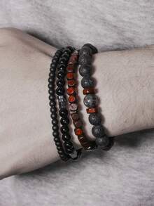 RINTOLER 4pcs/set Vintage Unusual Matte Lava Rock & Wooden Beads With Spacer Elastic Bracelet - ZJ10491 - View 8