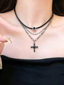 1pc High-End Vintage Distressed Cross Choker Necklace, Dark Punk Style Collar Chain For Women's Daily Wear - Black - View 3