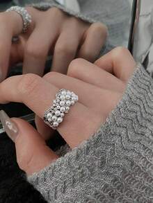 1pc Ins Style Casual Cubic Zirconia Faux Pearl Ring, Suitable For Women's Daily Commute Wear - Silver - View 4