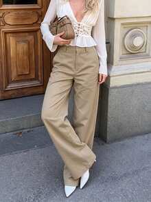 Aflion Women Fall Clothing Khaki Cargo Wide Leg Pants, High Waist Back Pockets Side Tool Pouch Straight Trousers For Streetwear Daily Wear - Khaki - View 9