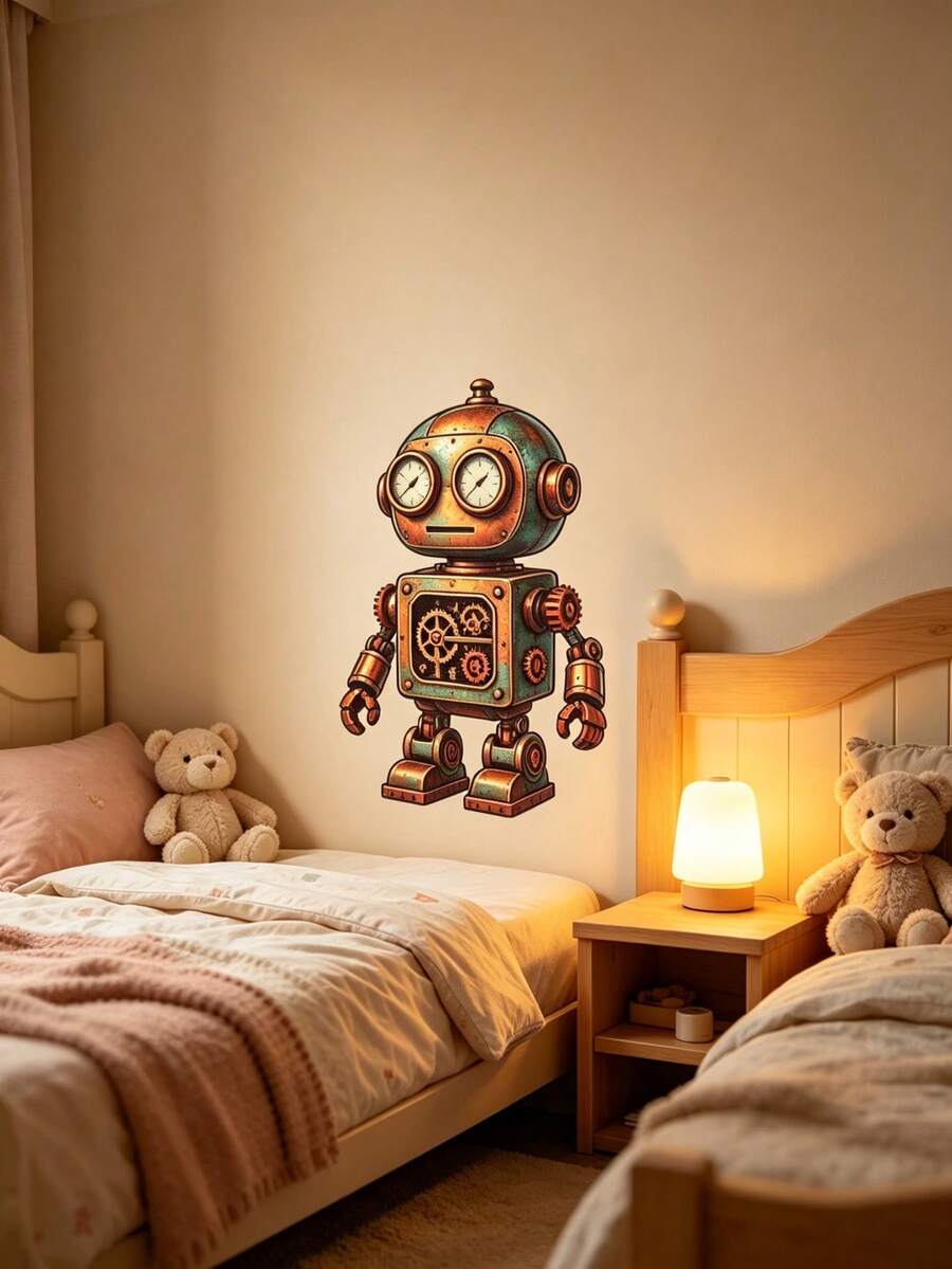 1pc/1set - Steampunk Robot Wall Sticker, Gear Mechanical Style Boy's Room Tech Wall Decor, Suitable For Children's Room Decoration, Living Room, Study, Bedroom Wall Sticker, Back To School Classroom Decoration, Library Decoration, Party Decoration, Boy's Bedroom Science And Technology Theme Decoration - Multicolor - View 1