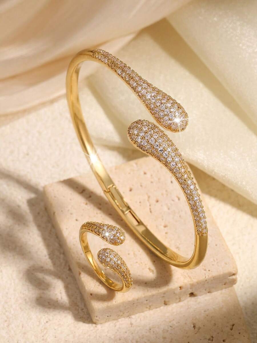 rakol 2Pcs Fashion Gold Tone Teardrop Shape Paved Cubic Zirconia Open Bangle & Ring Jewelry Set For Women - Water Droplets - View 1