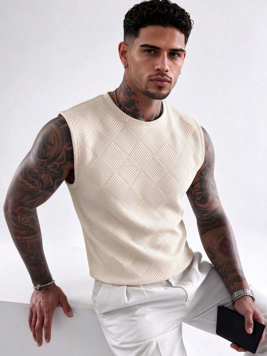 ZYNTH BALENO Men's Fashionable Jacquard Pattern Vest, Essential For Summer Sports - Apricot - View 1