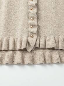 VIBEWAVE Women's Multicolor Round Neck Frill Trim Cardigan, Early Autumn French Style Soft Ruffle Short Knit Jacket - Vanilla Oat - View 7