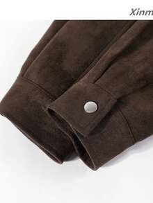 Veste courte en daim vintage cool 2026 nouveau style col montant polyvalente veste de moto élégante voyage décontracté vacances - Marron - Voir 5
