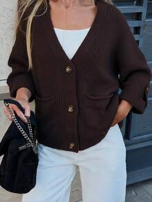 Novelle Women's Brown Fall & Winter V Neck Knit Cardigan With Pockets, Button Front Loose Sweater, Christmas Fall Outfit For Women - Brown - View 2
