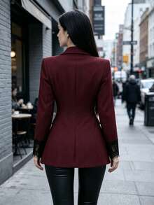 Blazer Wanita Modis, Kasual, Elegan, Warna Merah Tua dengan Hiasan Renda dan Manset, Cocok untuk Pakaian Kerja dan Pesta - Burgundy - View 2