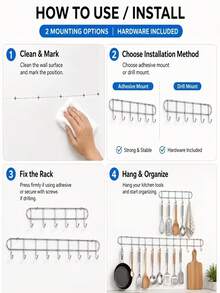 2pcs Kitchen Wall Hooks & Hanging Rod, Kitchen Utensil Storage Rack, Drill-In Or Adhesive Installation (No Drilling Required), Includes Mounting Accessories, Suitable For Storing Spatulas, Ladles, Whisks, Towels And Cookware - Multicolor - View 8
