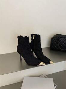 Women's Pointed-Toe Ankle Boots, Metal Toe Cap, Wavy Shaft Edge, Slim Stiletto Heel, Side Zipper - Black - View 5