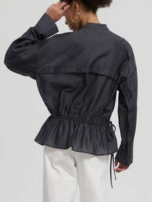 Se-Helo Women's Autumn/Winter Deep Blue Asymmetric Front Wrap Blouse, Ruched Waist Ruffle Hem Loose Long Sleeve Top - Dark Wash - View 7