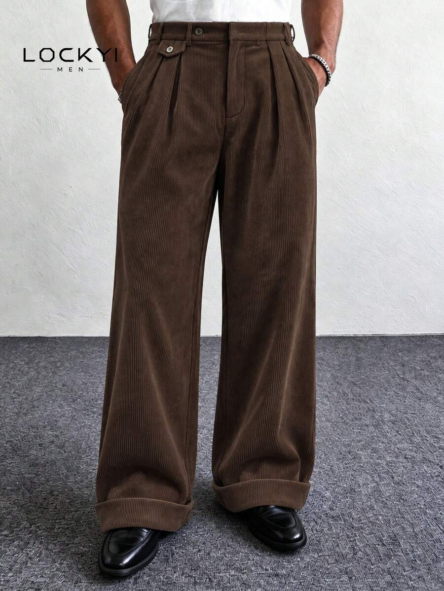 1件裝 男士極簡慵懶街頭風燈芯絨鈕扣寬鬆寬腿休閒長褲 - 棕色 - 查看 1