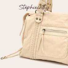 STEPHIECATHY Women's Fashion Casual Street Style Soft Washed PU Leather Tote Bag, Zipper Closure, Woven Decor, Large Capacity, Adjustable Shoulder Strap - Beige - View 4