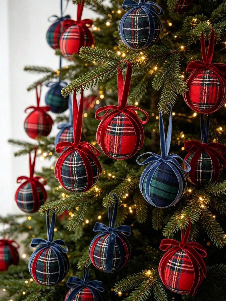 1pc 3.14 Inch Plaid Christmas Ball Ornament With Velvet Bow Ribbon, Suitable For Decorating Christmas Tree, Wreath, Garland And Fireplace Mantel, Also As Tabletop Decor, Perfect For Winter, New Year And Christmas Home Decoration