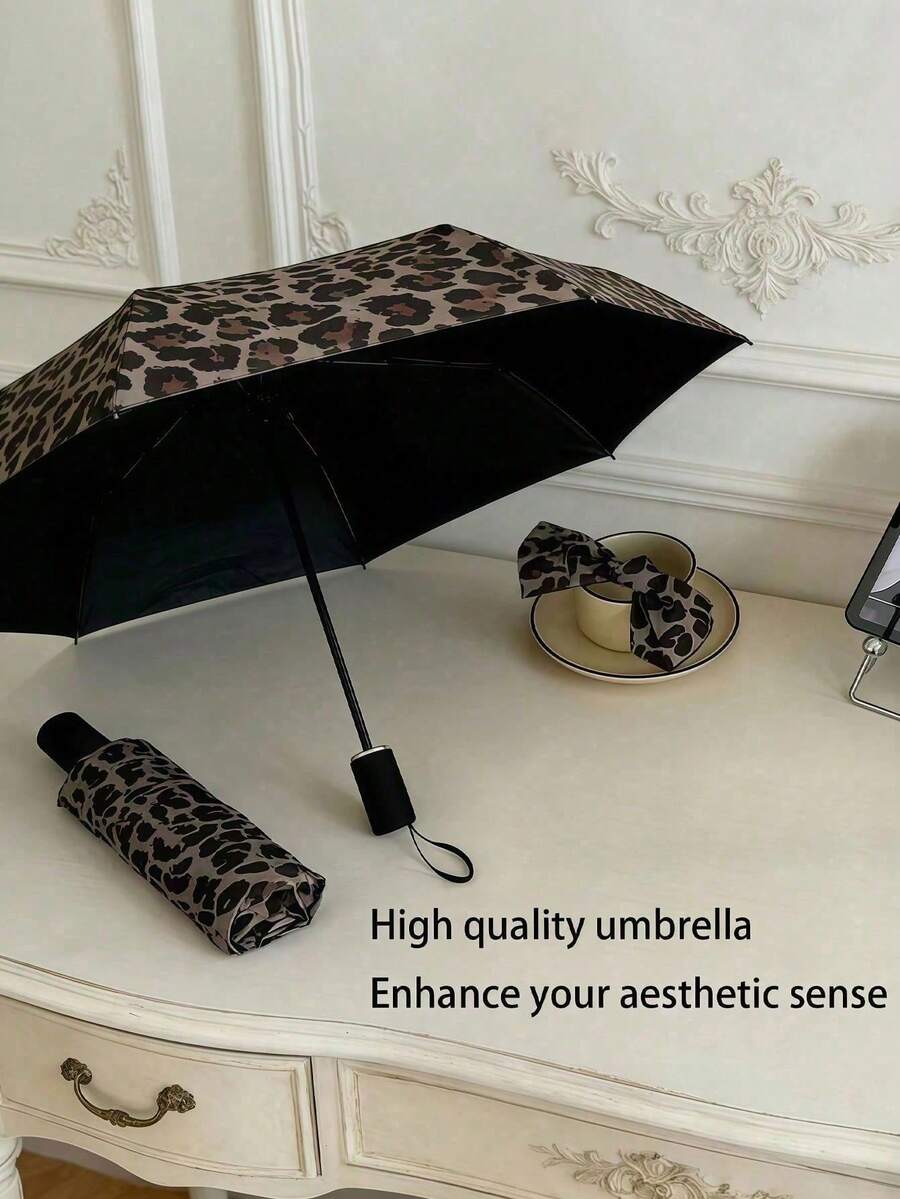 1pc Leopard Print Fully Automatic Vintage Sun/Rain Umbrella, Foldable UV Protection, Practical & Stylish, Wind-Resistant & Durable - As Shown - View 1