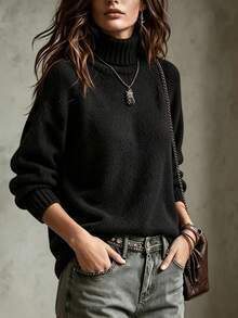 Women's Casual Retro Solid Color Brown Raglan Sleeve Knit Pullover Sweater Long Sleeves High Neck Rib-Knit Sweater - Black - View 6