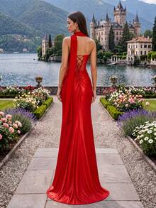 Elegant Red Satin Mermaid Evening Gown, Asymmetrical Neckline Backless Design, Suitable For Prom And Formal Events - Red - View 3