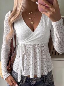 SCARLUX Women's Y2K Lace Top, Floral Lace, Fitted V-Neck Side Tie Ruffle Top, Suitable For Back To School, Streetwear, Daily Commute - White - View 6