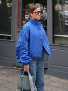 Solstice Apparel Klein Blue Stand Collar Jacket, Asymmetric Metal Button Ruched Balloon Sleeve Coat - Blue - View 5