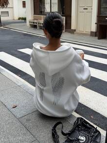 SCARLUX Women Y2K Loose Fit Hooded Sweatshirt, Angel Wings Print On Back, Winter Back To School Daily Commute Wear - White - View 5